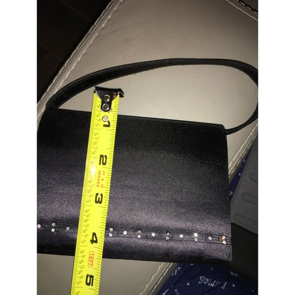 Little Mini Black Purse with Dainty Rhinestone Accent across Bottom of Front Fla - Picture 3 of 11